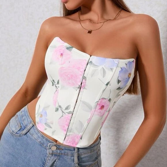 Floral Print Lace Up Back hook front closure boned corset Tube Top - Picture 2 of 5